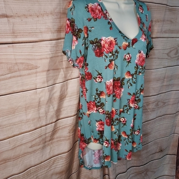 Modcloth tshirt Freeloader vneck tunic short sleeve tee turquoise pink floral M - Picture 3 of 8